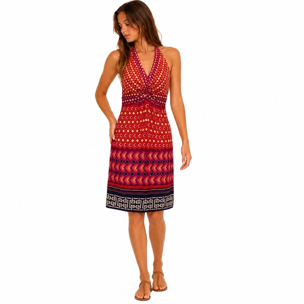Laundry by Shelli Segal Orange Pink Geometric Halter Twist Front Retro Dress 2